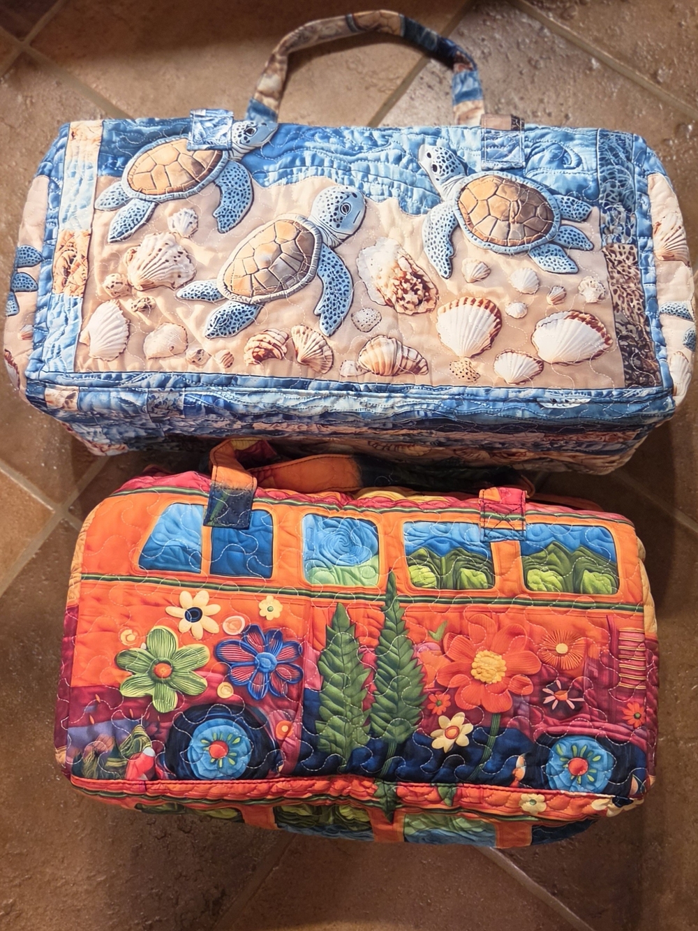 Vibrant Lifelike Printed Duffle Bags Weekenders Hippie Van & Turtle Seascape